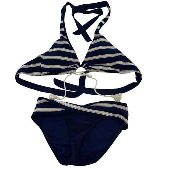 Robin Piconne Abi Stripe Indigo Halter Tassels Bikini Set Coastal Boho Size S - Picture 2 of 14